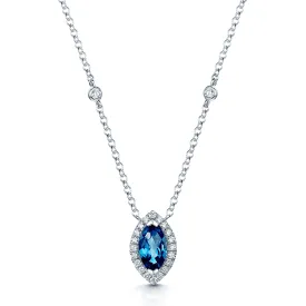 18ct White Gold Marquise London Blue Topaz And Diamond Halo Pendant With Diamonds On The Chain