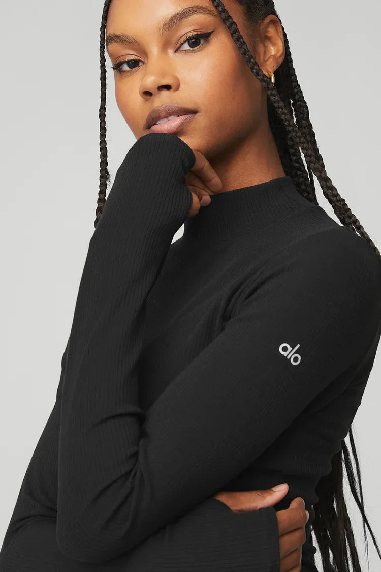 Alo Yoga Women's Wellness Ribbed Mock Neck Long Sleeve Shirt - Black
