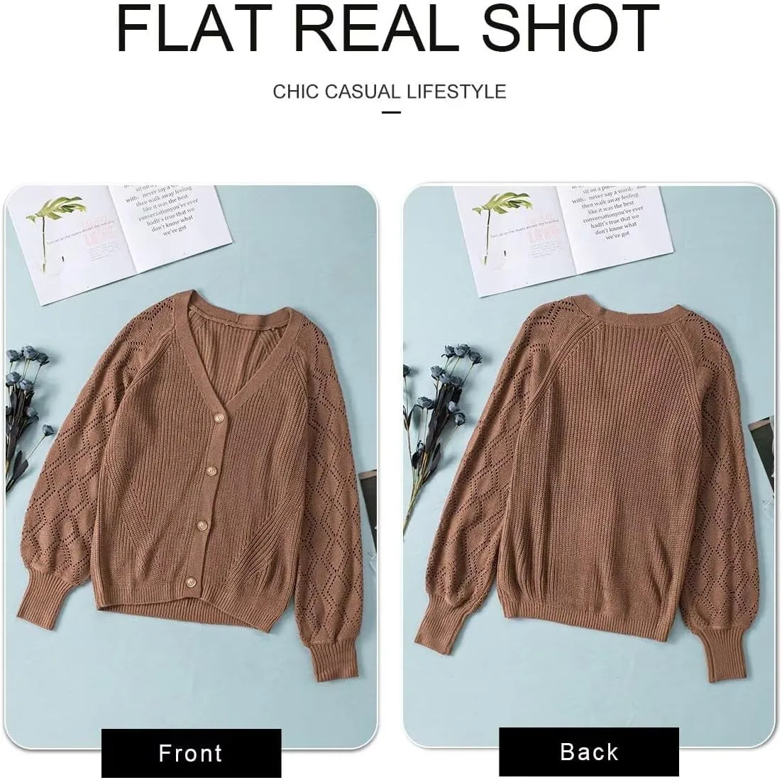 Astylish Women Long Sleeve Open Front Knit Button Down Cardigan Sweaters