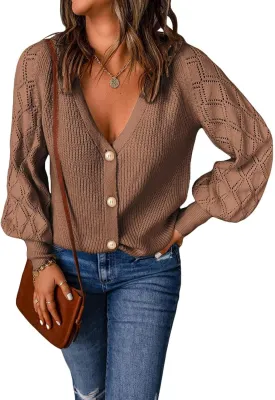 Astylish Women Long Sleeve Open Front Knit Button Down Cardigan Sweaters