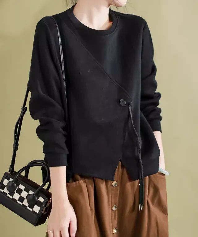 Babakud Women Retro Artistic Loose-Fit Cotton Crew Neck Sweatshirt