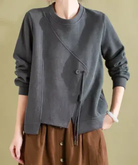 Babakud Women Retro Artistic Loose-Fit Cotton Crew Neck Sweatshirt