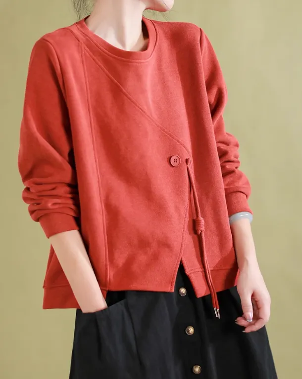 Babakud Women Retro Artistic Loose-Fit Cotton Crew Neck Sweatshirt