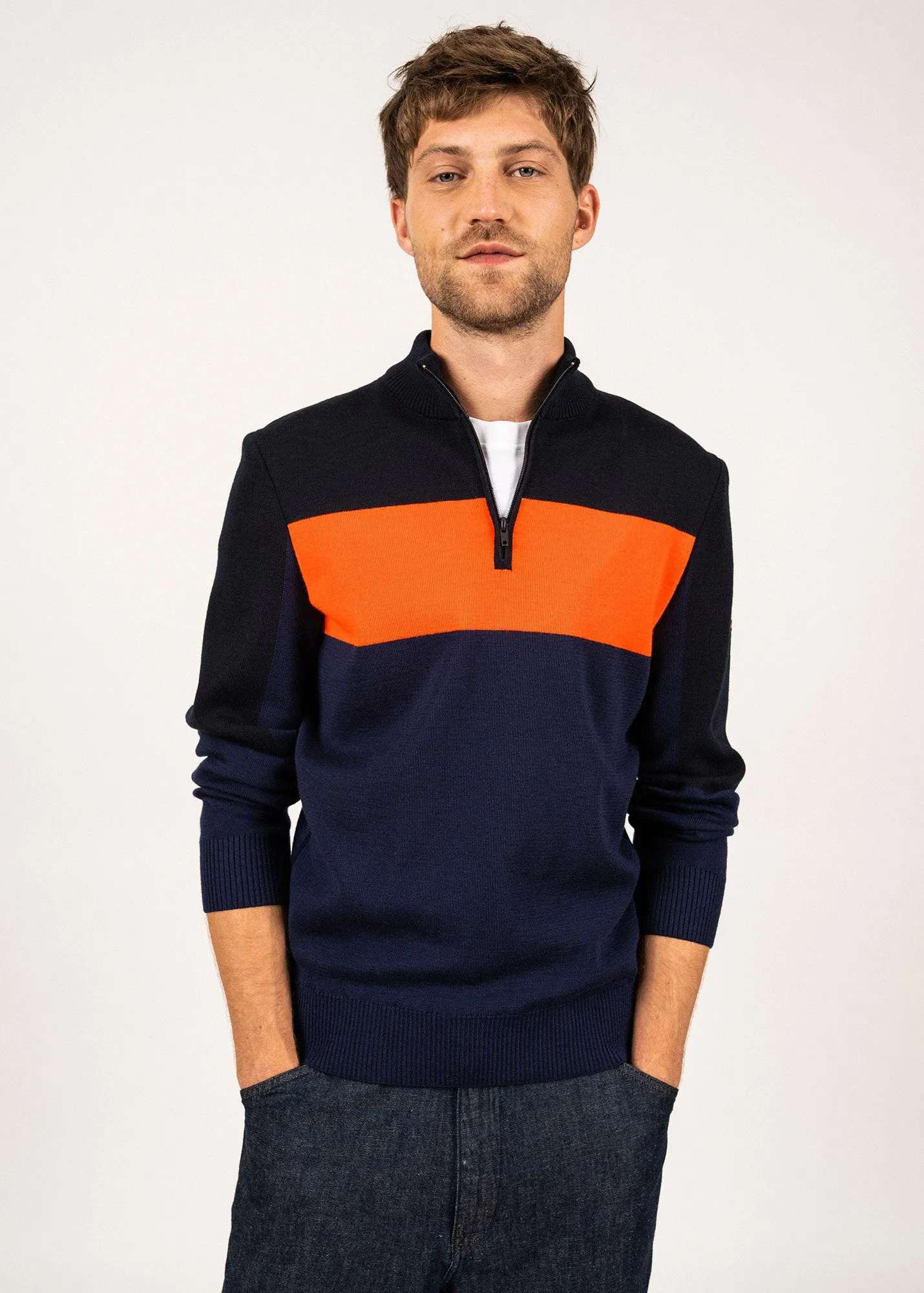 BAYEUX - Quarter Zip Sweater | 100% Wool (DARK BLUE / NAVY / NEON ORANGE)