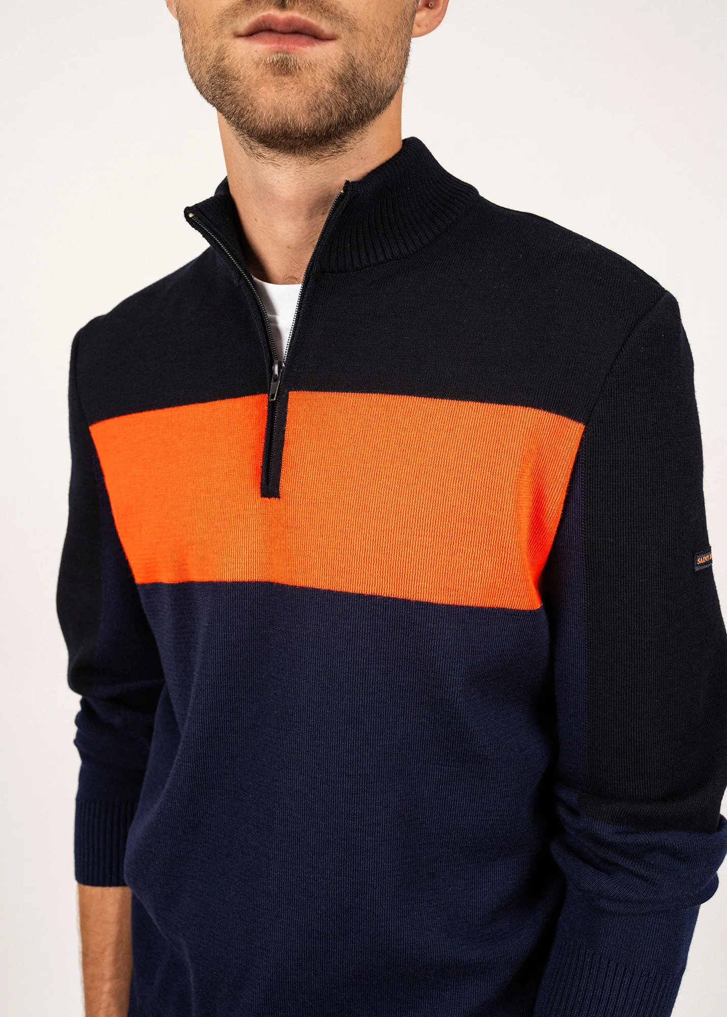 BAYEUX - Quarter Zip Sweater | 100% Wool (DARK BLUE / NAVY / NEON ORANGE)