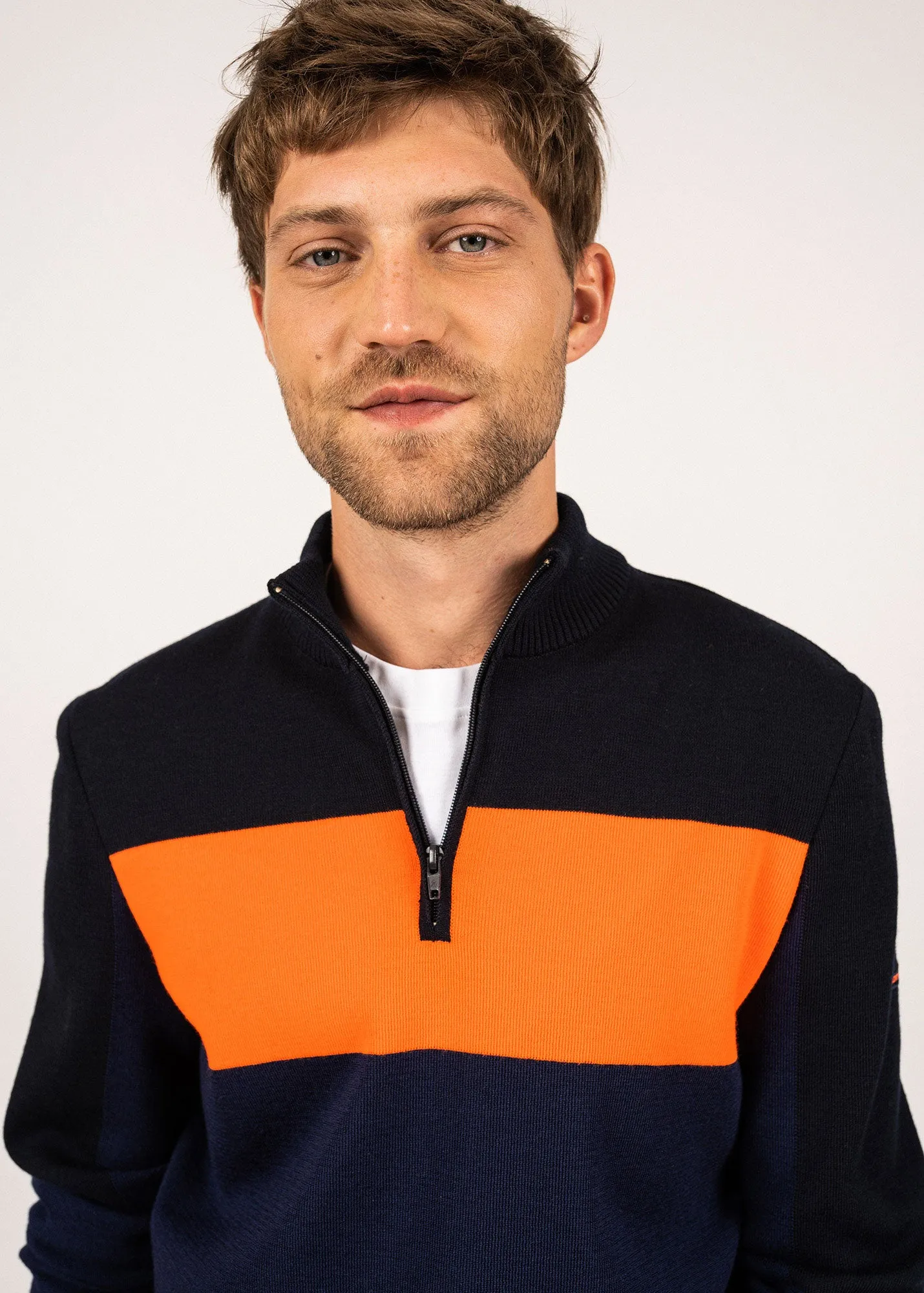 BAYEUX - Quarter Zip Sweater | 100% Wool (DARK BLUE / NAVY / NEON ORANGE)