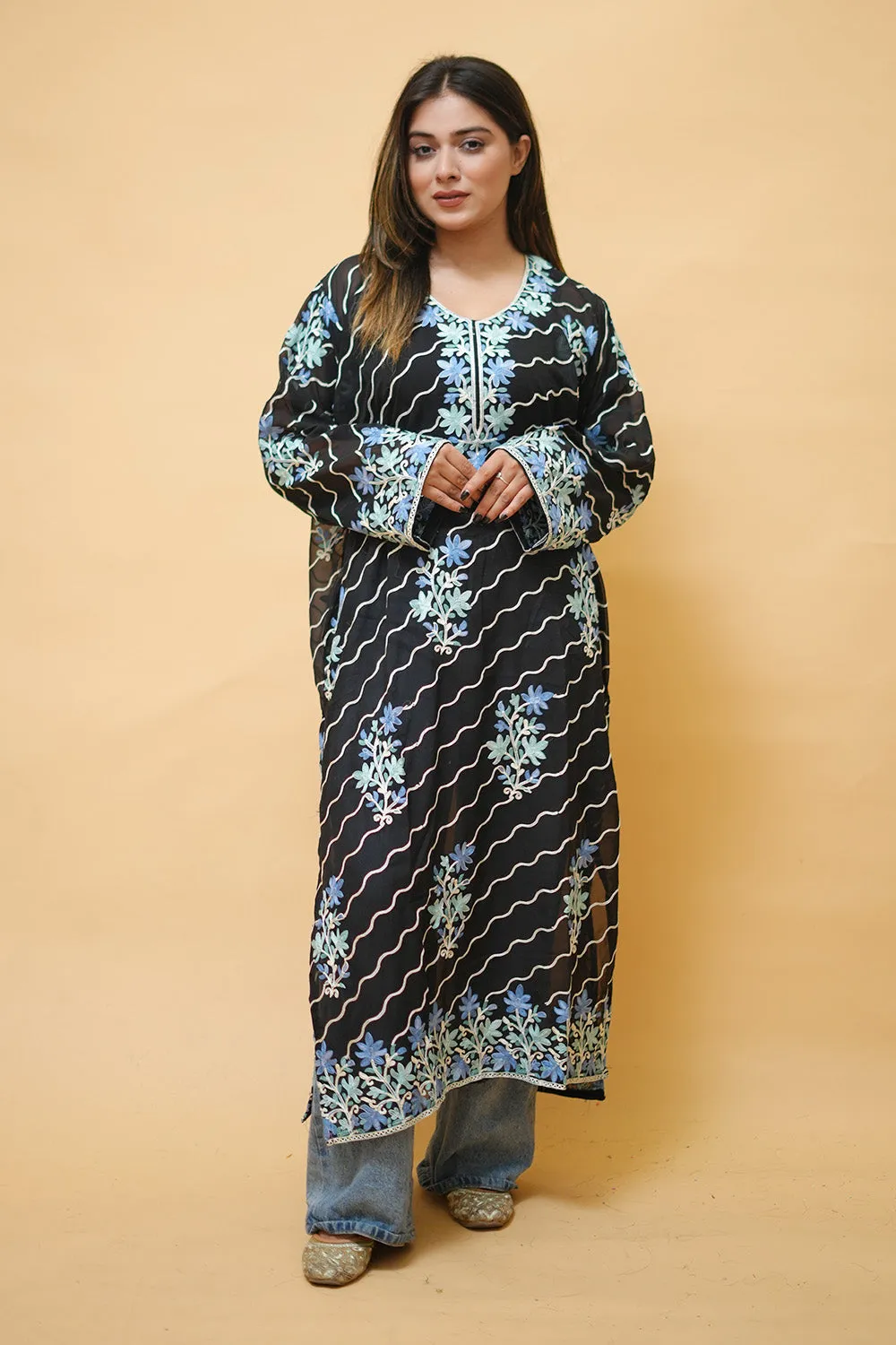 Black Diagonal  Kashmiri Kurti With Multicolour all over Front and Back Embroidery.