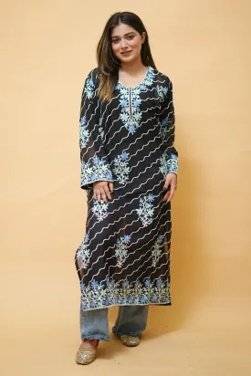 Black Diagonal  Kashmiri Kurti With Multicolour all over Front and Back Embroidery.