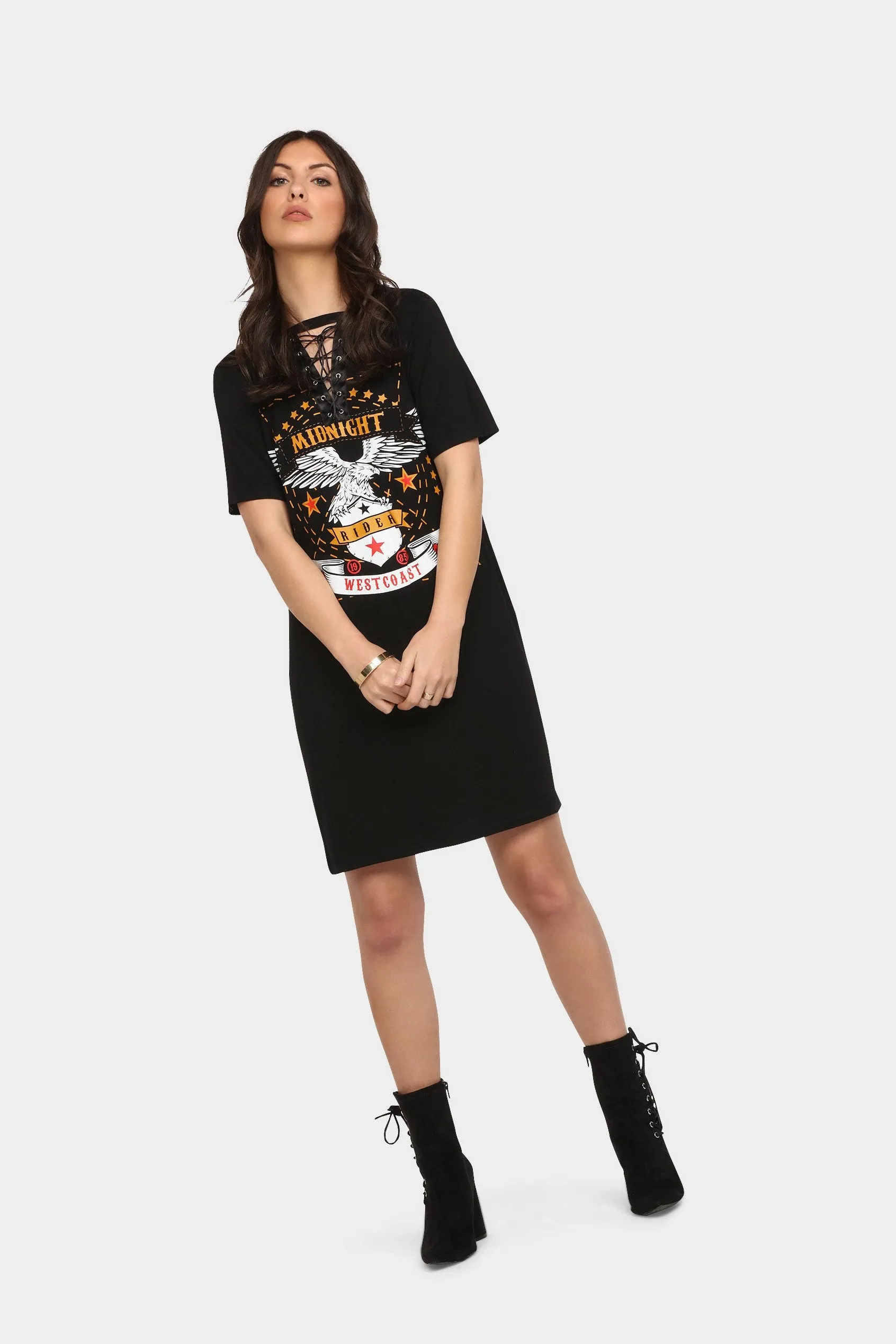 Black Printed Eyelet Tunic Dress