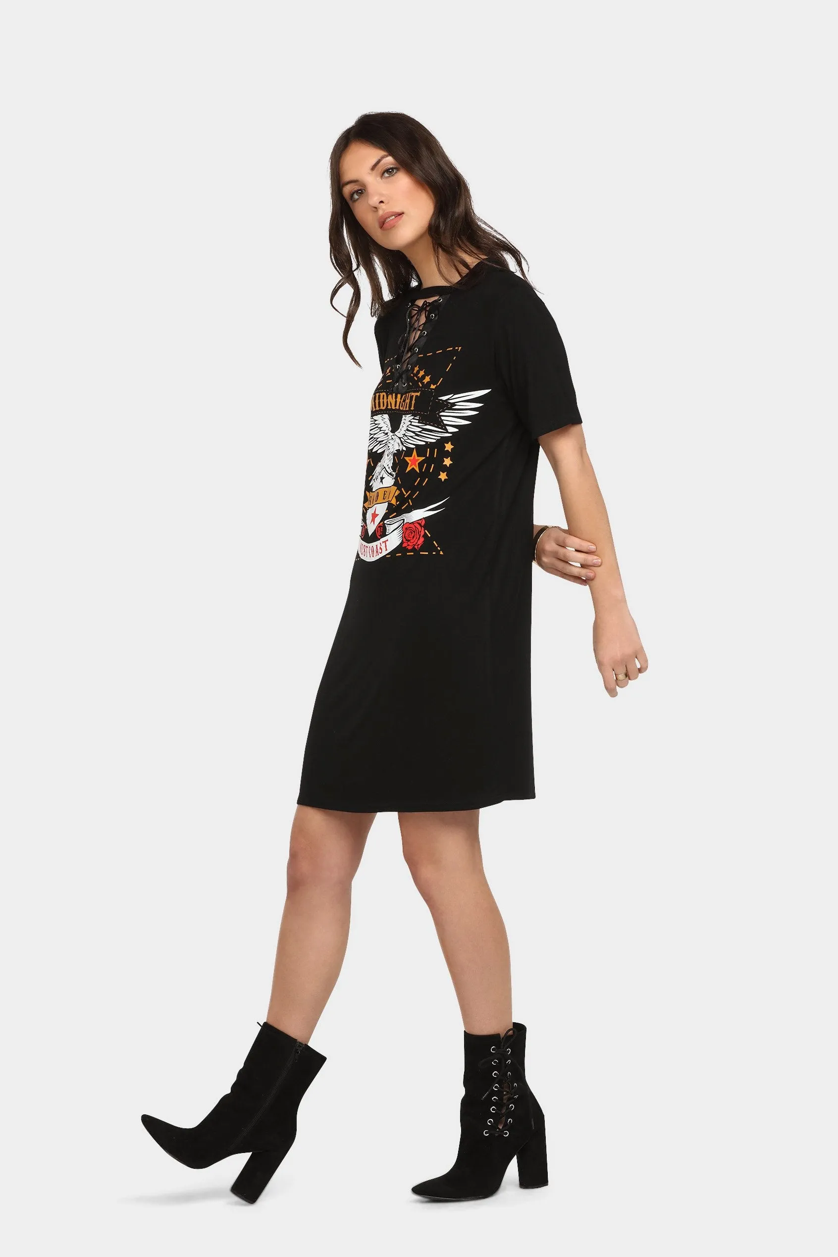 Black Printed Eyelet Tunic Dress