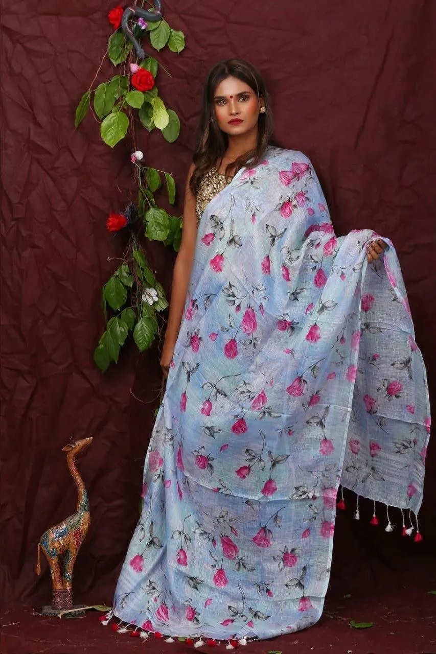 Blue Floral Digital Printed Linen Women Dupatta