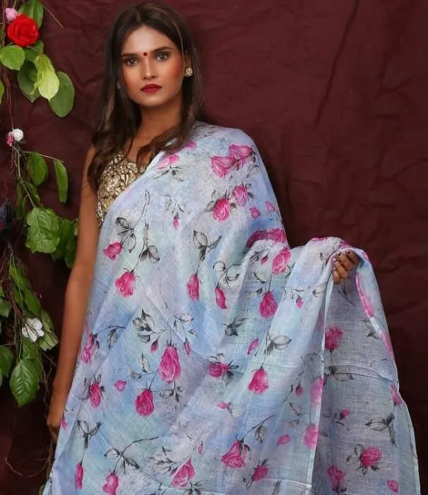 Blue Floral Digital Printed Linen Women Dupatta