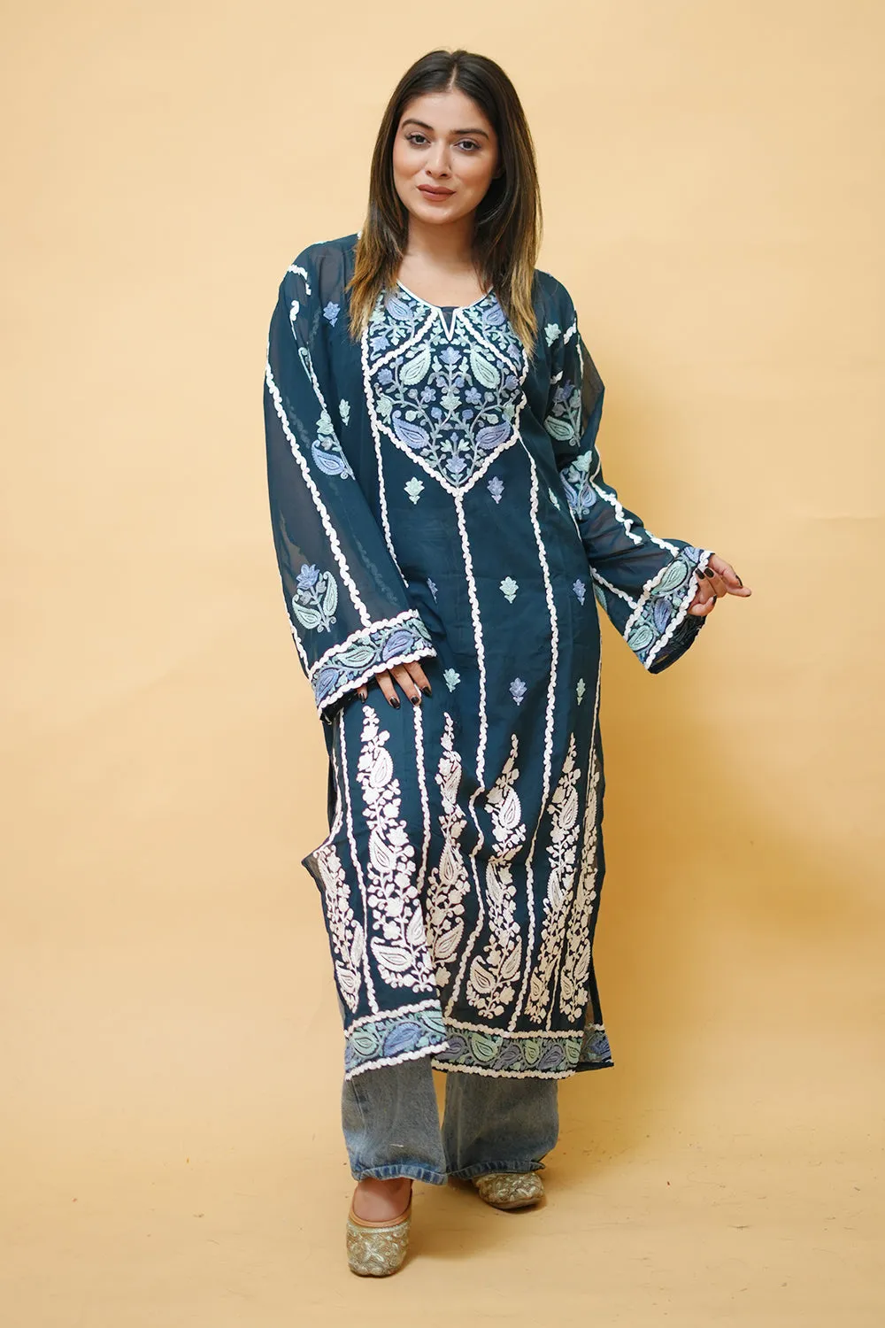 Blue Lining  Kashmiri Kurti With Multicolour all over Front and Back Embroidery.