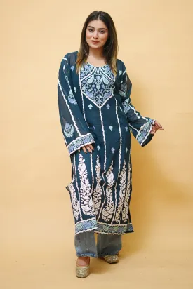 Blue Lining  Kashmiri Kurti With Multicolour all over Front and Back Embroidery.