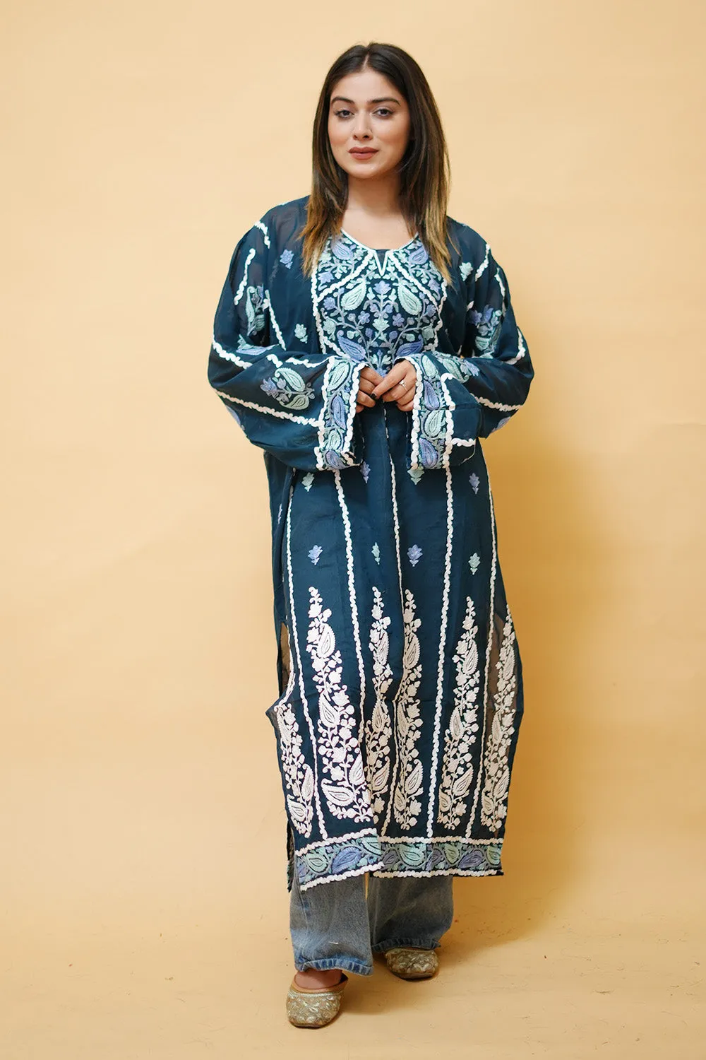Blue Lining  Kashmiri Kurti With Multicolour all over Front and Back Embroidery.