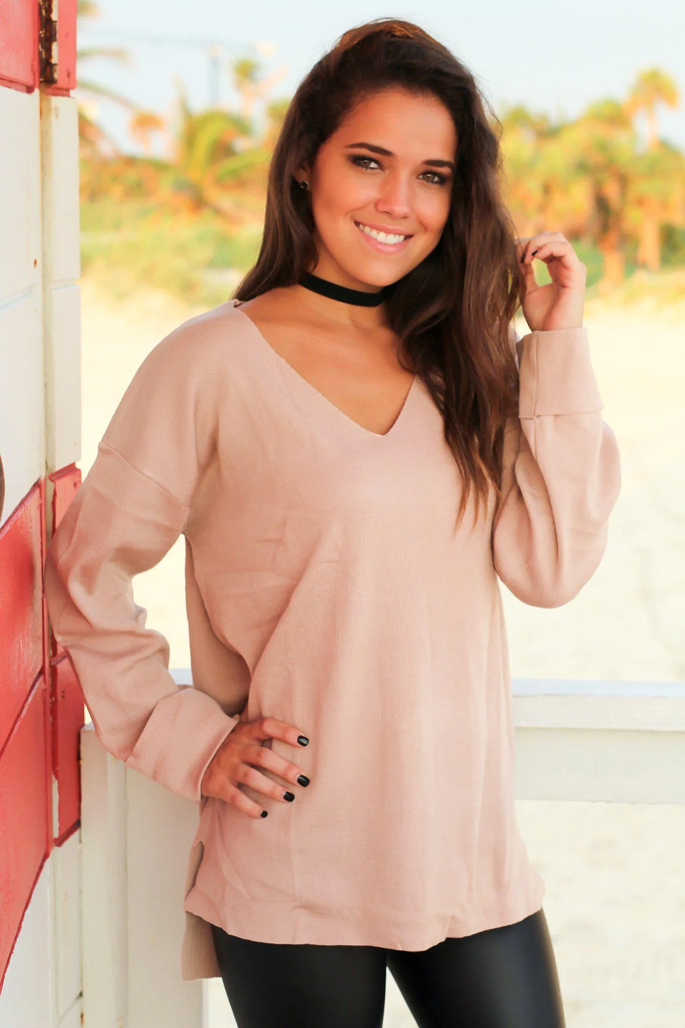Blush V-Neck Sweater with Cuff Sleeves
