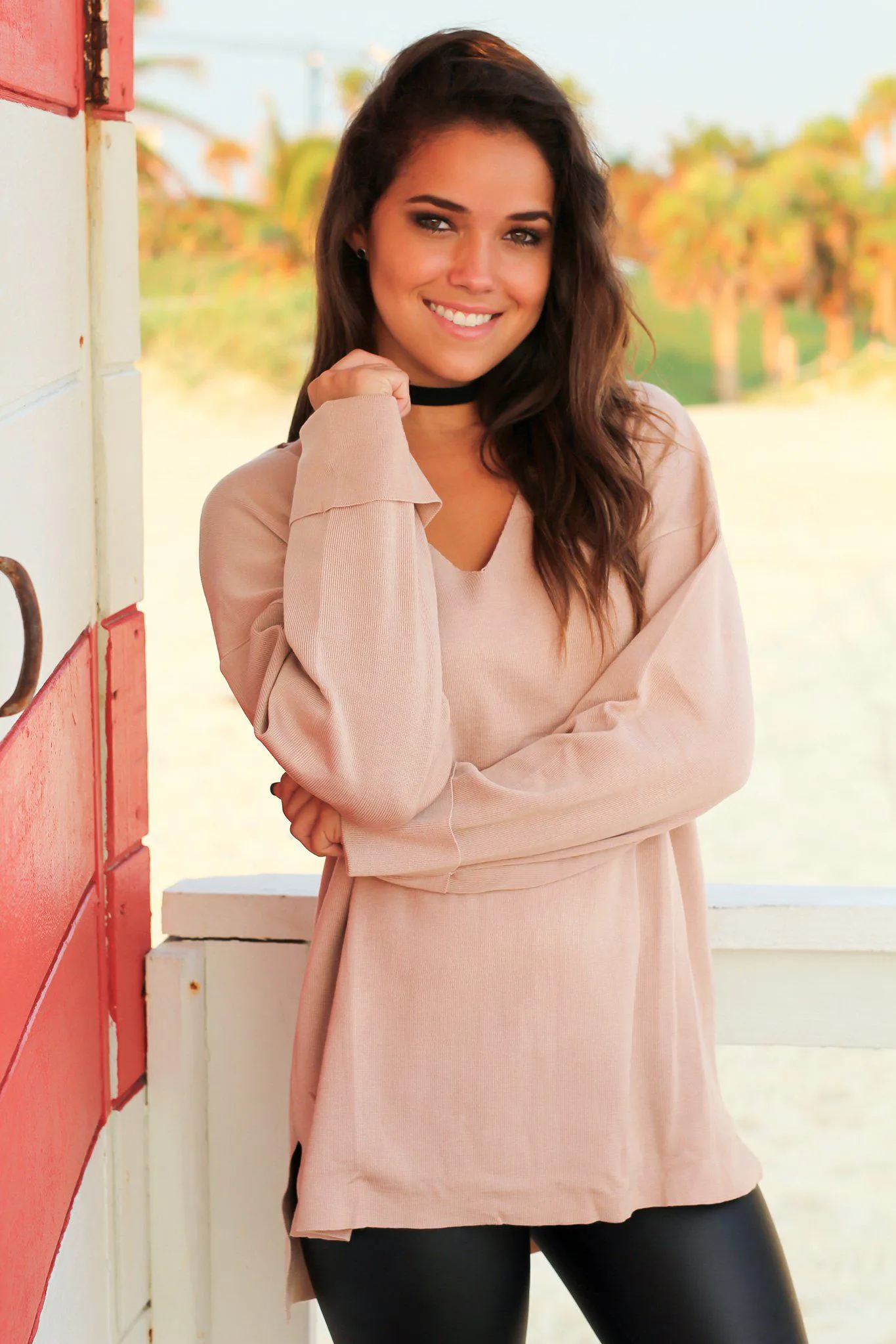 Blush V-Neck Sweater with Cuff Sleeves