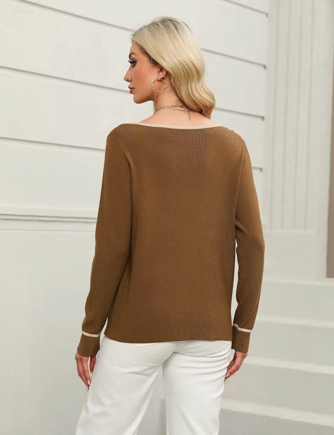 BMJL Women's V Neck Sweater Dressy Casual Tops Long Sleeve Pullover Knit Collared Polo Business Work Shirts