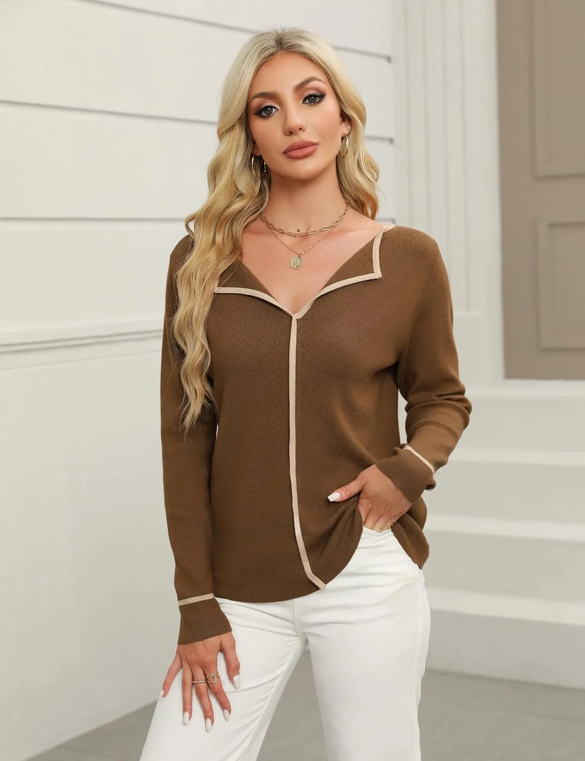 BMJL Women's V Neck Sweater Dressy Casual Tops Long Sleeve Pullover Knit Collared Polo Business Work Shirts