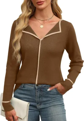 BMJL Women's V Neck Sweater Dressy Casual Tops Long Sleeve Pullover Knit Collared Polo Business Work Shirts