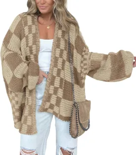 BTFBM Casual Womens Open Front Long Sleeve Chunky Knit Cardigan Sweater Checkered Knit Cardigan Sweaters Coat