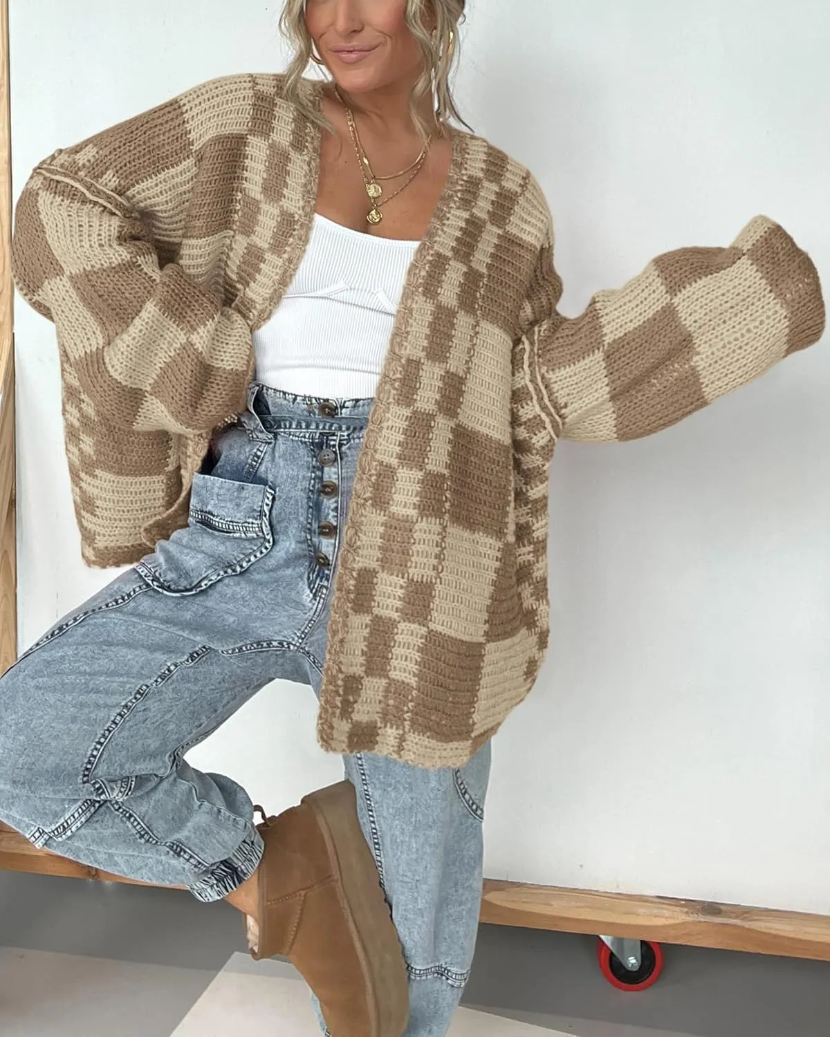 BTFBM Casual Womens Open Front Long Sleeve Chunky Knit Cardigan Sweater Checkered Knit Cardigan Sweaters Coat