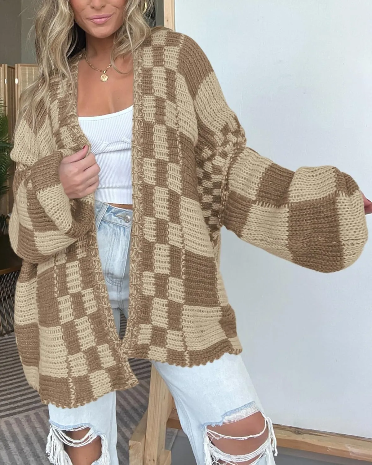 BTFBM Casual Womens Open Front Long Sleeve Chunky Knit Cardigan Sweater Checkered Knit Cardigan Sweaters Coat