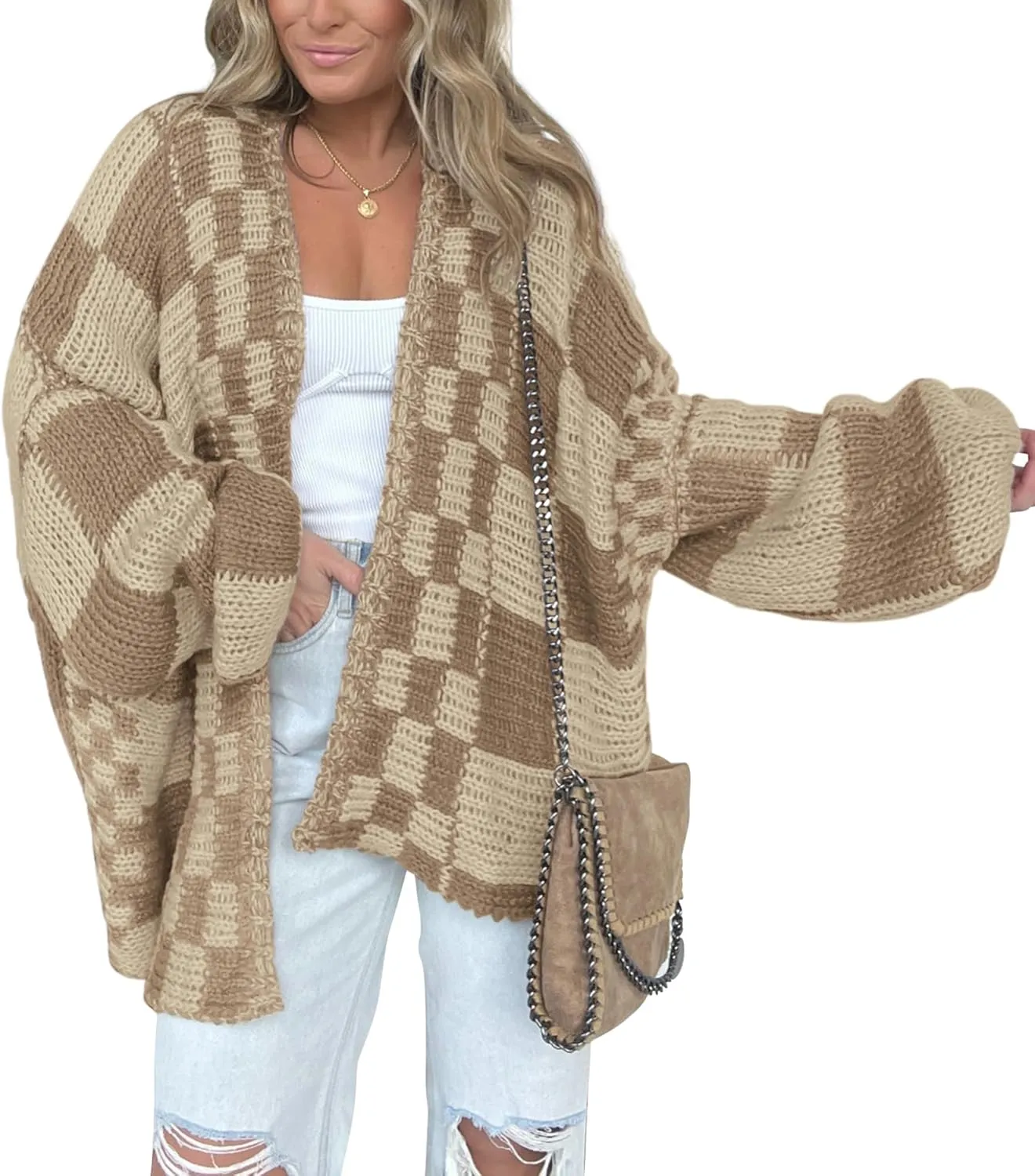 BTFBM Casual Womens Open Front Long Sleeve Chunky Knit Cardigan Sweater Checkered Knit Cardigan Sweaters Coat