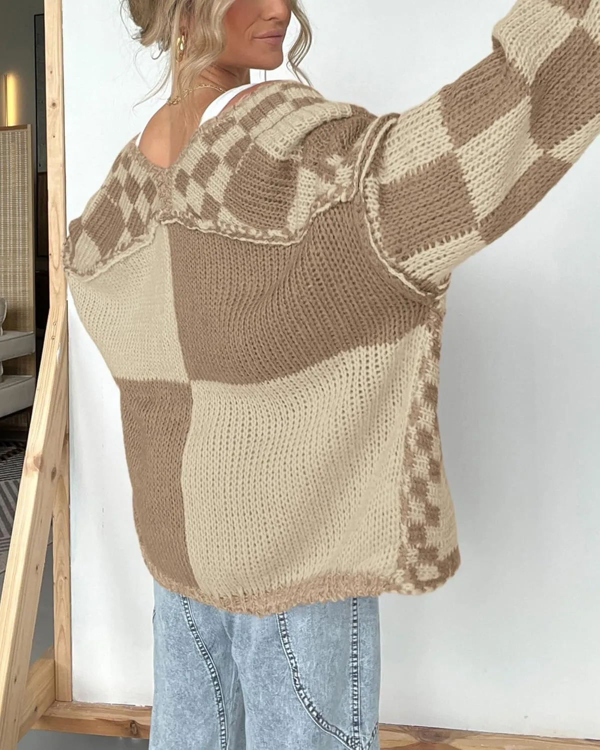BTFBM Casual Womens Open Front Long Sleeve Chunky Knit Cardigan Sweater Checkered Knit Cardigan Sweaters Coat