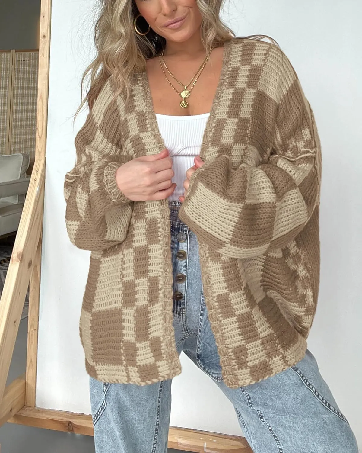BTFBM Casual Womens Open Front Long Sleeve Chunky Knit Cardigan Sweater Checkered Knit Cardigan Sweaters Coat