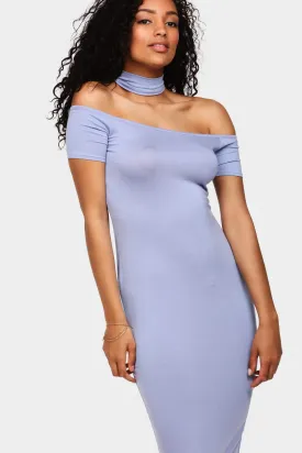 China-Blue Off Shoulder Cap Sleeve Midi Dress