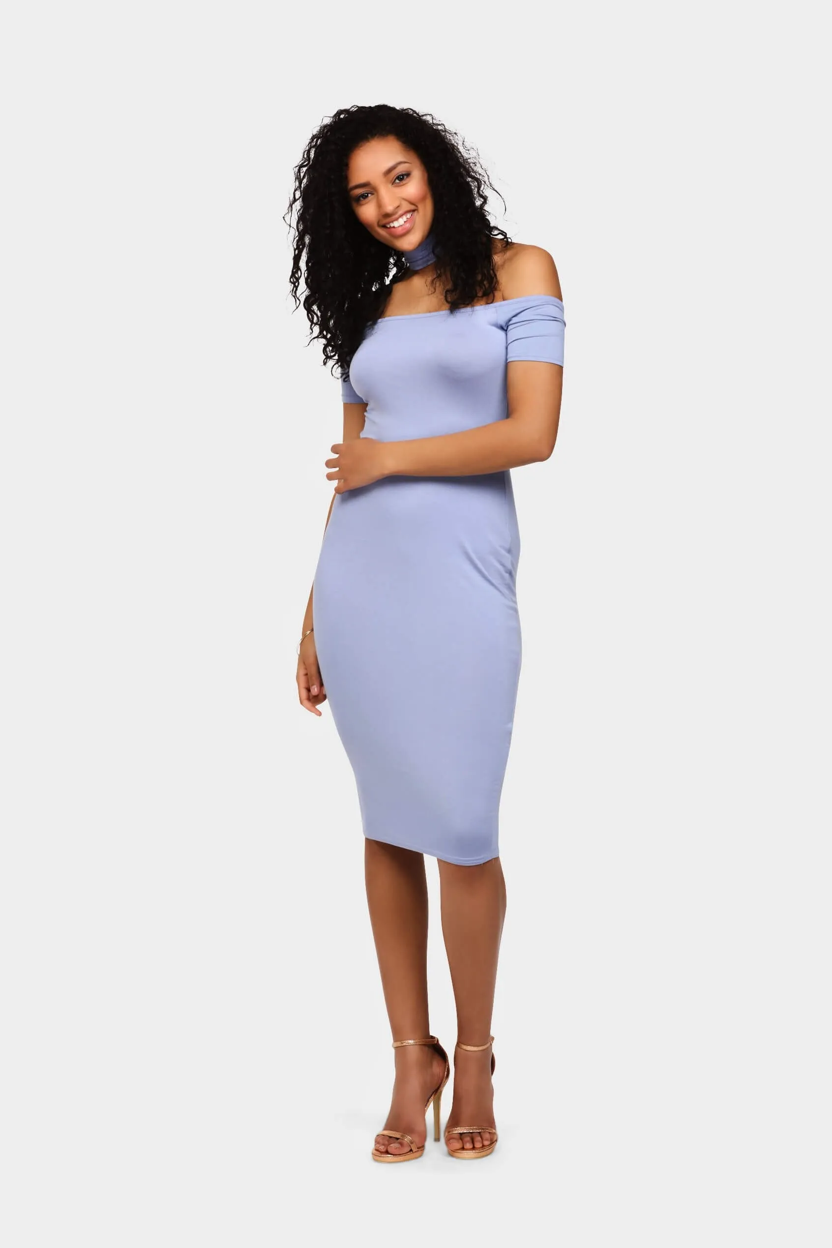 China-Blue Off Shoulder Cap Sleeve Midi Dress