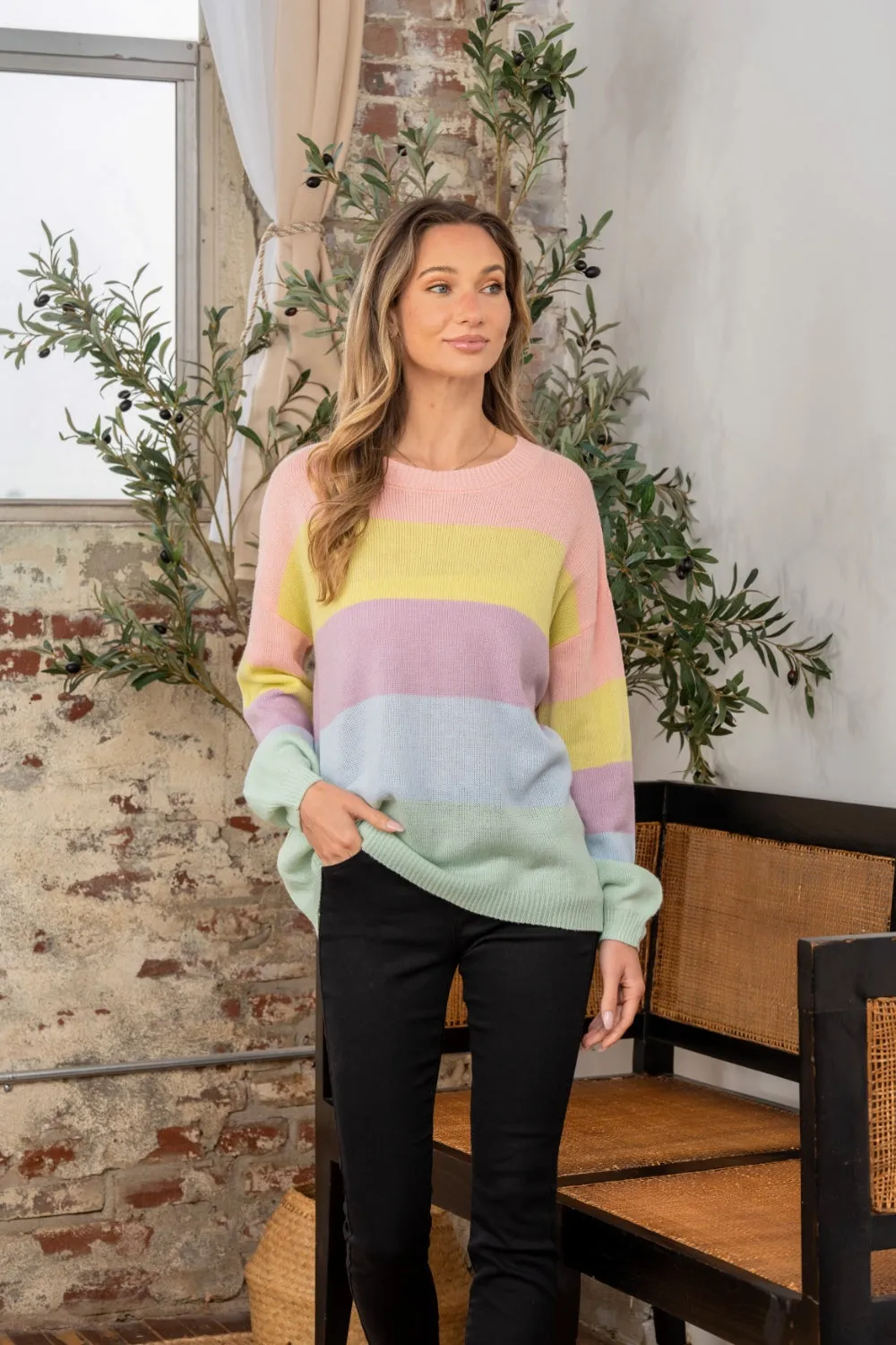 Color Block Round Neck Dropped Shoulder Sweater in Pastel Stripes