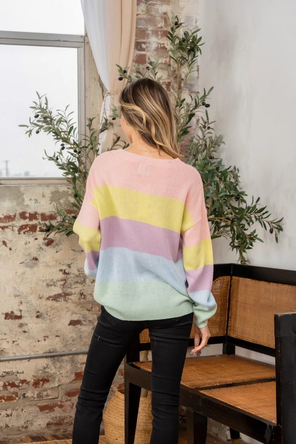 Color Block Round Neck Dropped Shoulder Sweater in Pastel Stripes