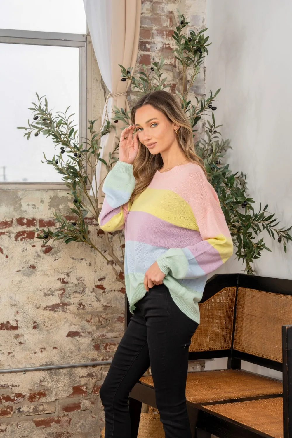 Color Block Round Neck Dropped Shoulder Sweater in Pastel Stripes