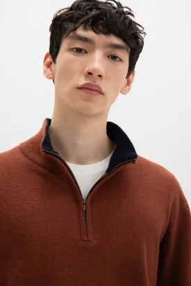Contrast Trim Cashmere Zip Neck