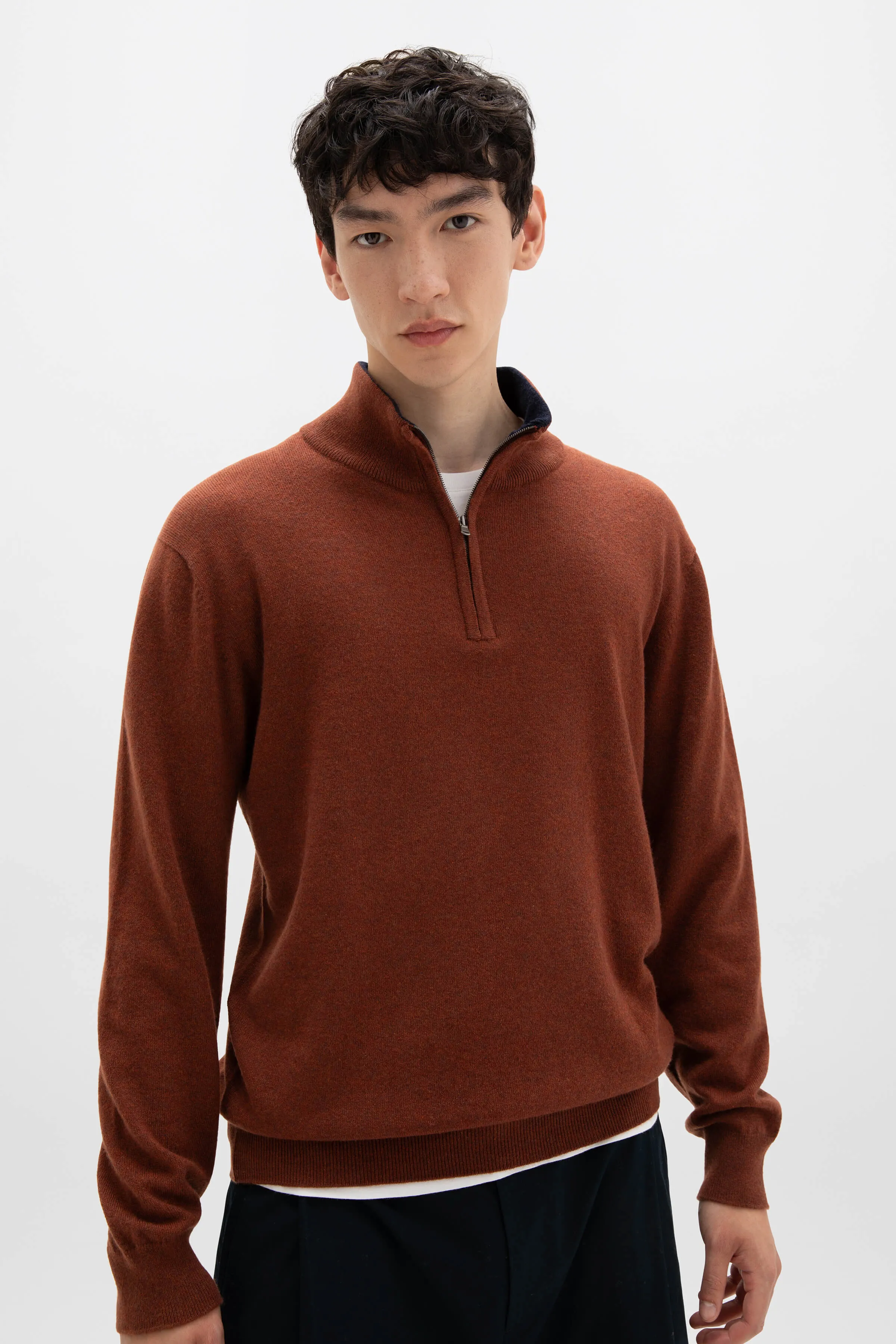 Contrast Trim Cashmere Zip Neck