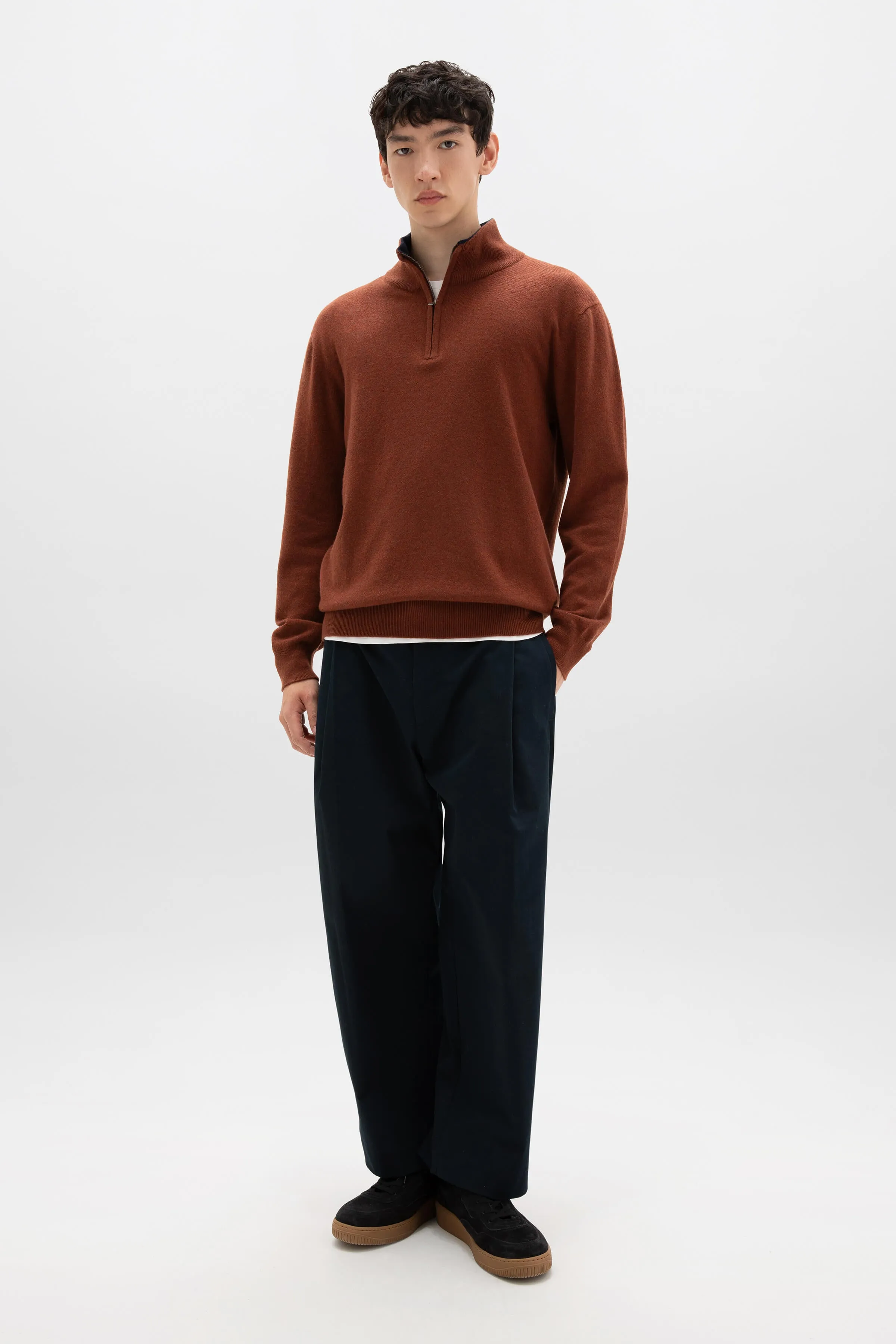 Contrast Trim Cashmere Zip Neck