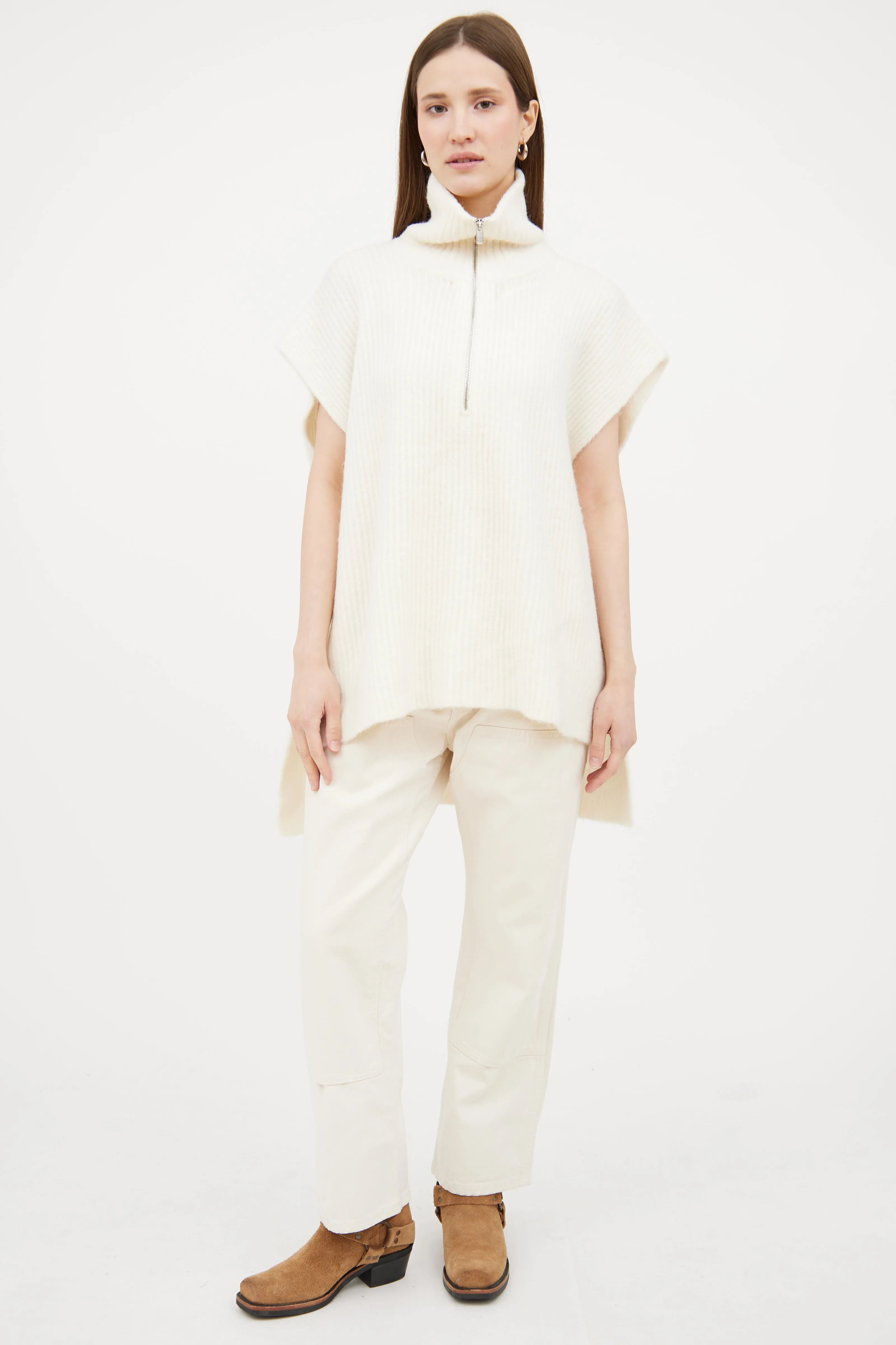 Cream Wool Blend Ribbed Zip Sweater
