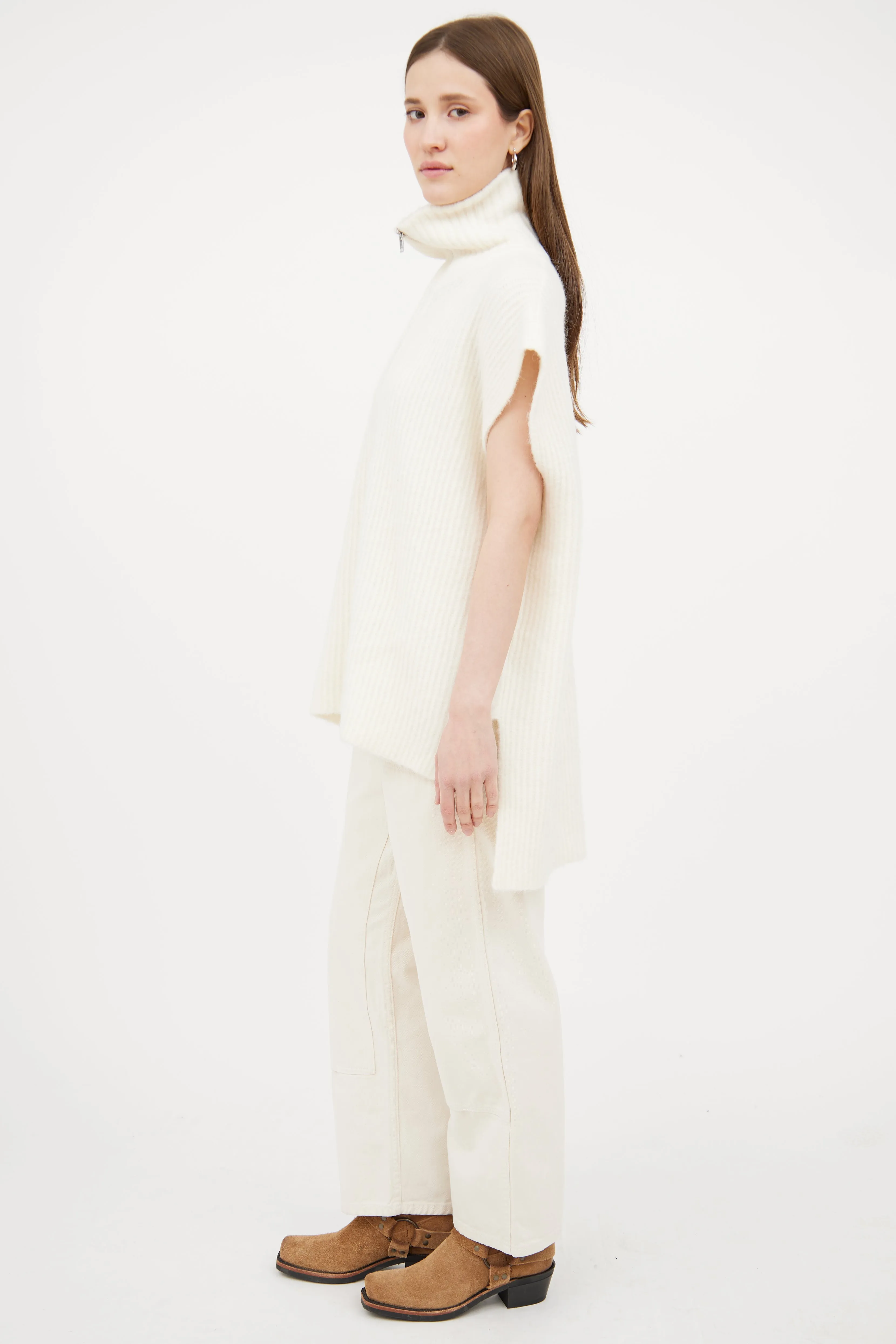Cream Wool Blend Ribbed Zip Sweater