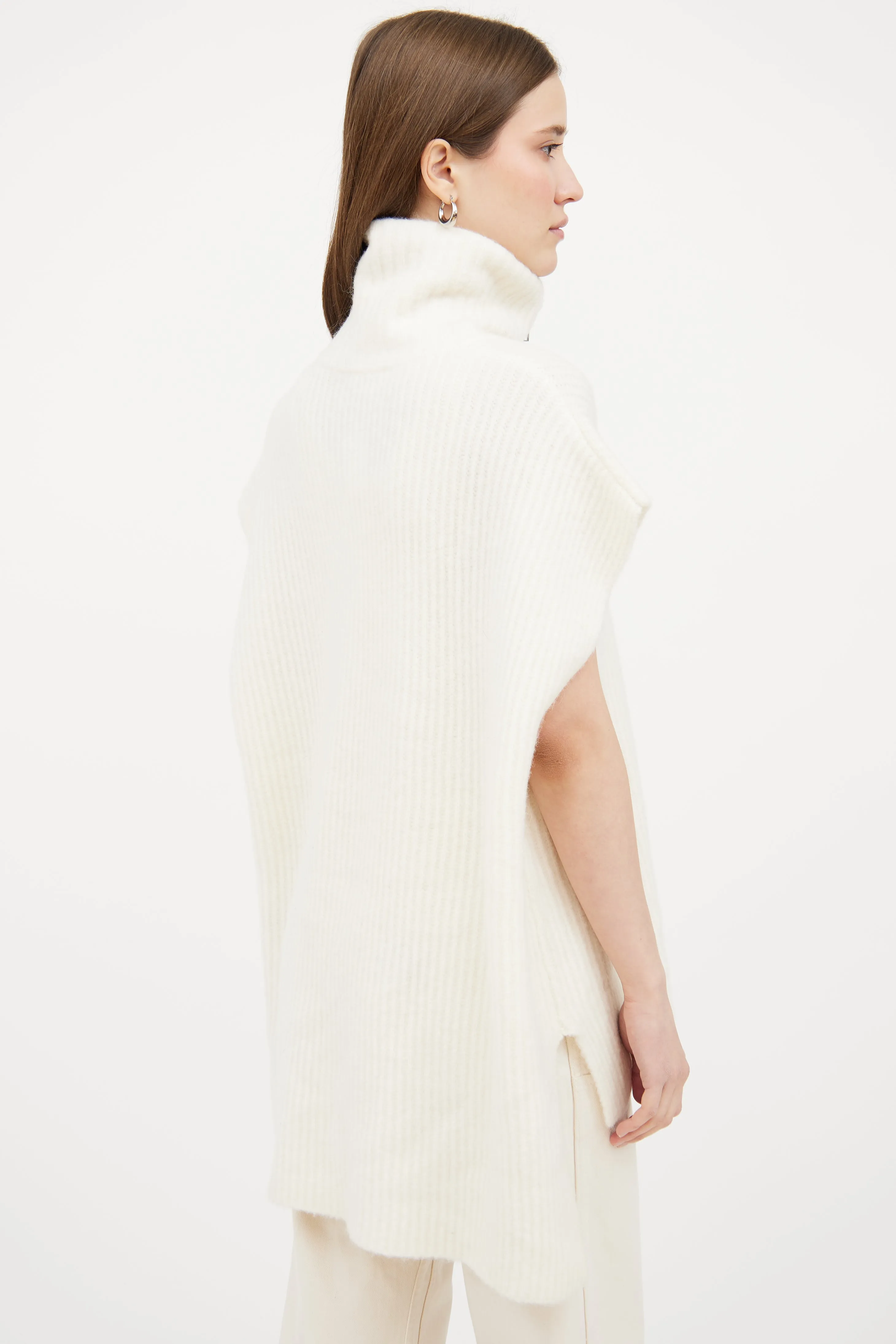 Cream Wool Blend Ribbed Zip Sweater