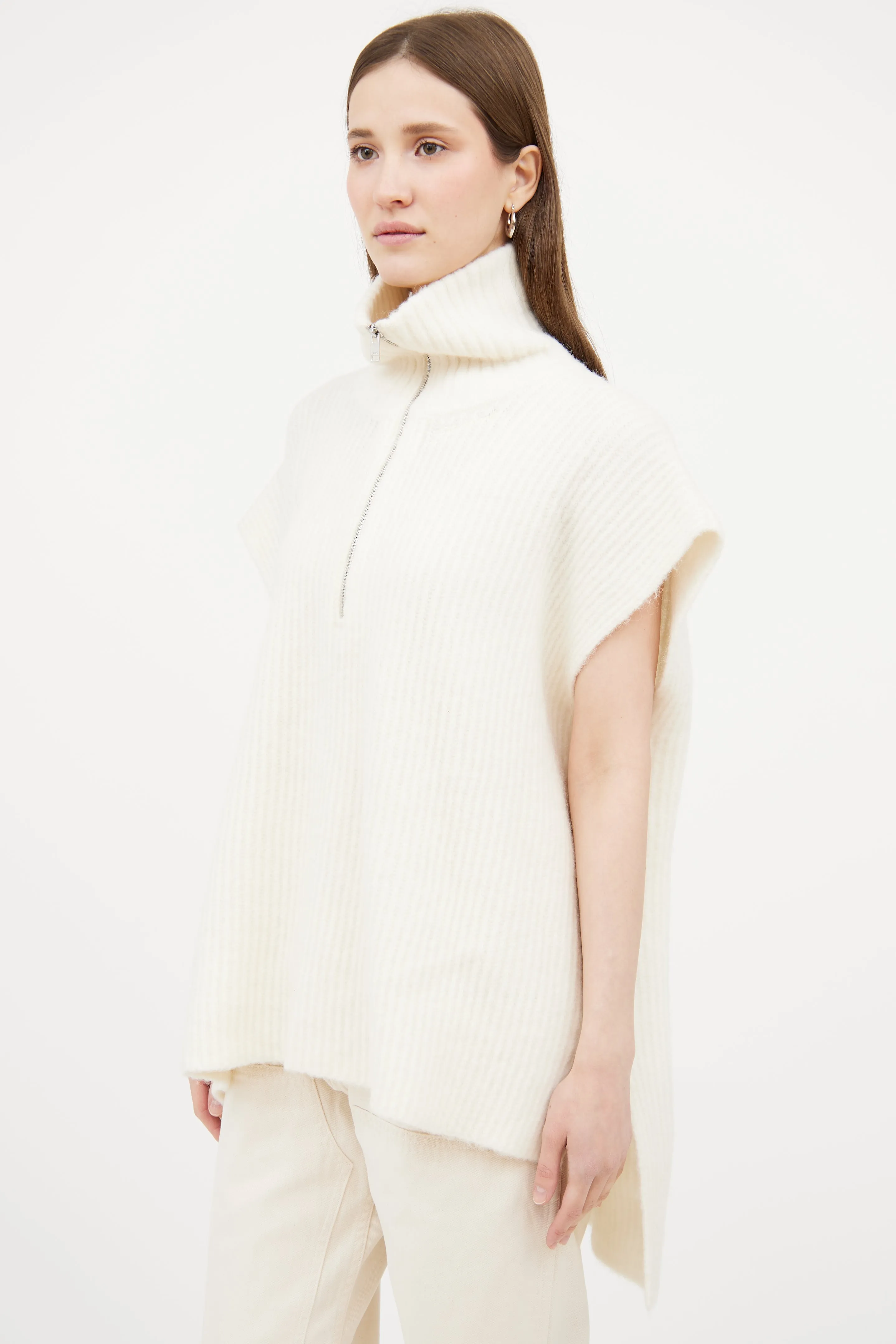 Cream Wool Blend Ribbed Zip Sweater
