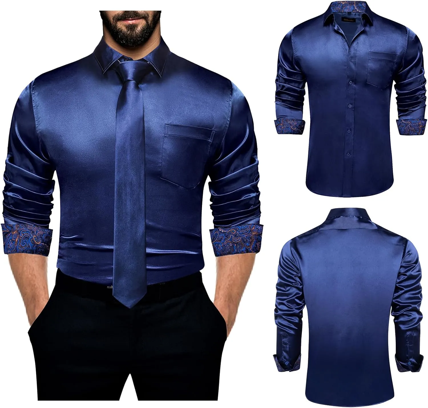 DiBanGu Satin Shirt and Tie Sets for Men Dress Shirts Long Sleeve Inner Contrast Men's Casual Button-Down Shirts S-3XL