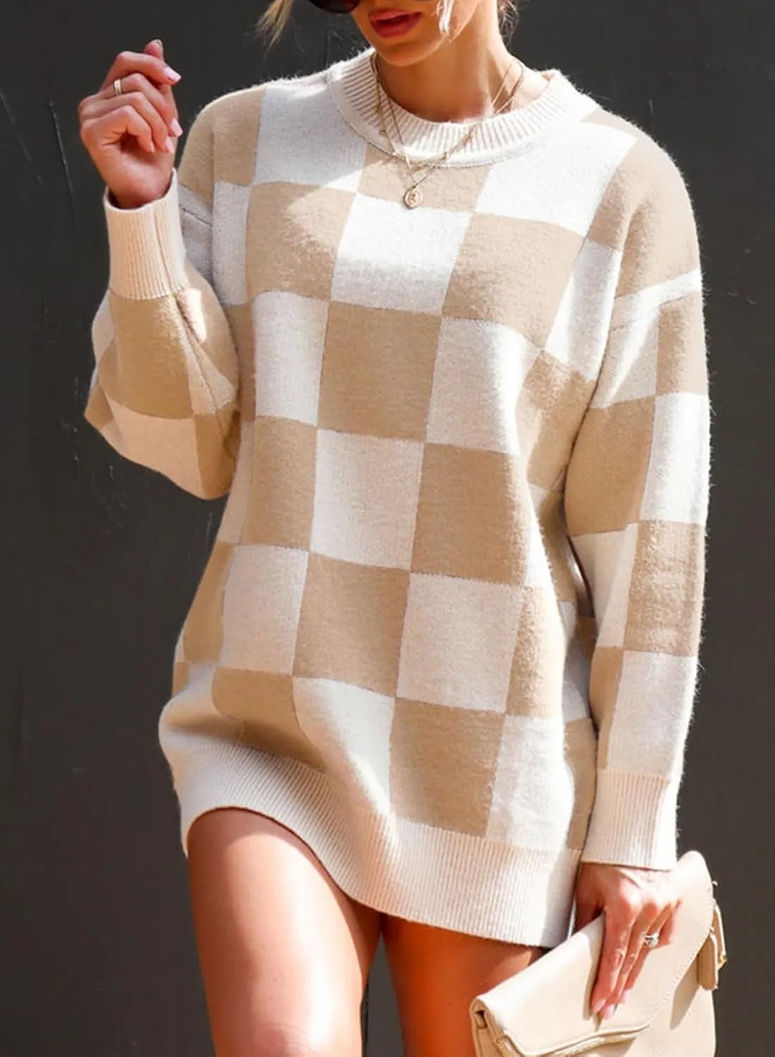 Dokotoo Womens Sweater Dress Crewneck Casual Checkered Long Sleeve Cable Knit Pullover Sweaters