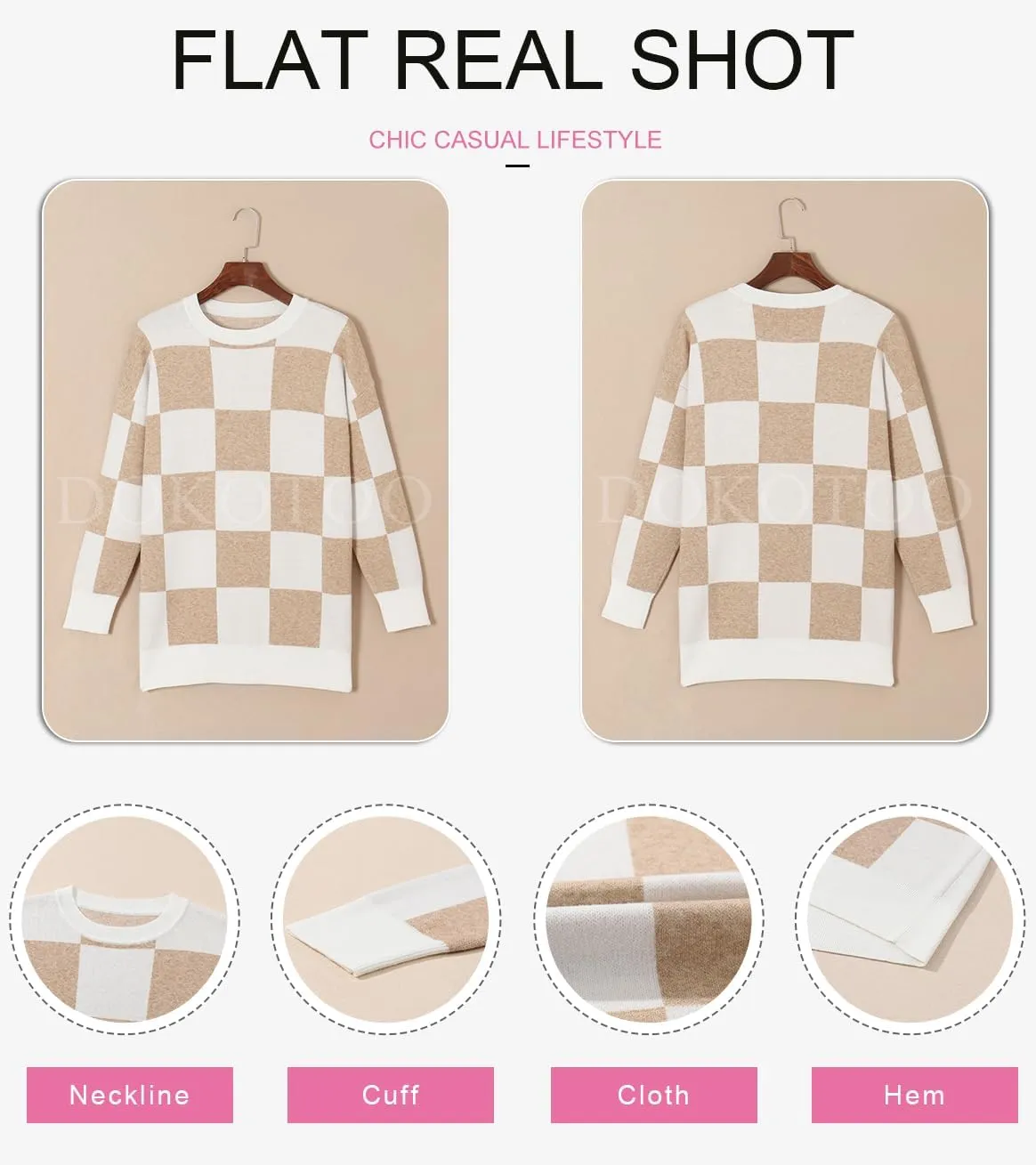 Dokotoo Womens Sweater Dress Crewneck Casual Checkered Long Sleeve Cable Knit Pullover Sweaters