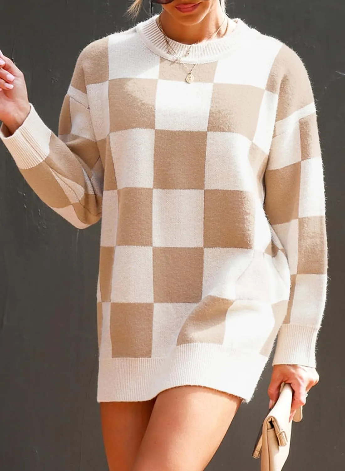 Dokotoo Womens Sweater Dress Crewneck Casual Checkered Long Sleeve Cable Knit Pullover Sweaters