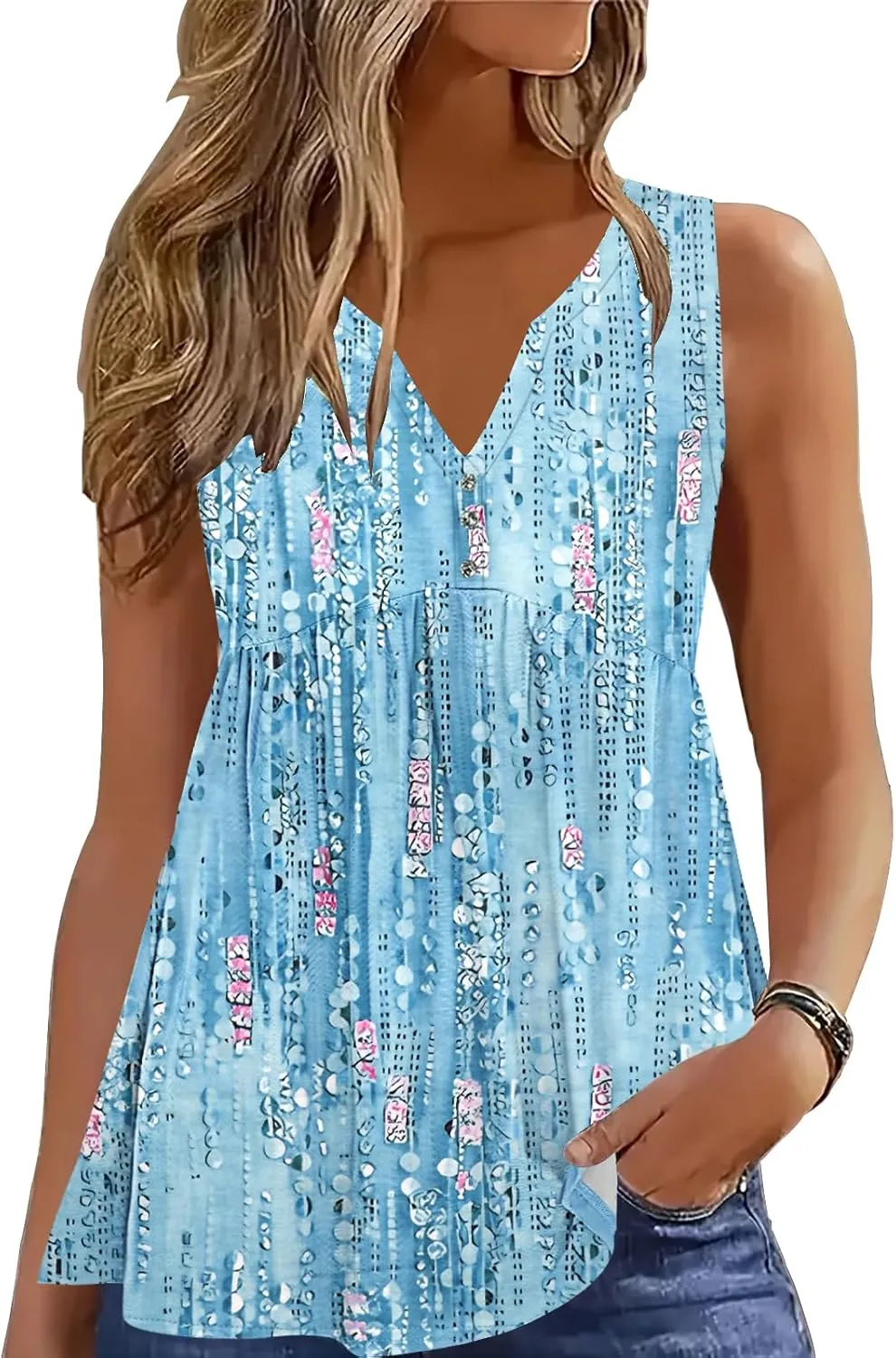 ETCYY Women Tank Tops 2025 Spring Clothes Summer V Neck Pleated Shirts Button Down Dressy Casual Sleeveless Blouse