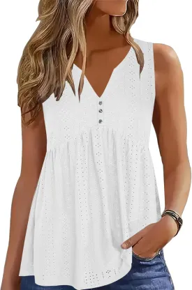 ETCYY Women Tank Tops 2025 Spring Clothes Summer V Neck Pleated Shirts Button Down Dressy Casual Sleeveless Blouse