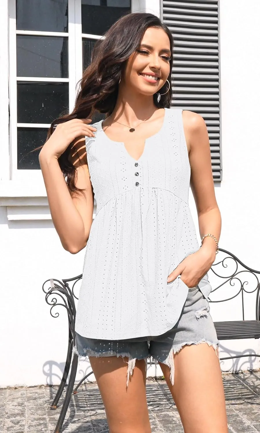 ETCYY Women Tank Tops 2025 Spring Clothes Summer V Neck Pleated Shirts Button Down Dressy Casual Sleeveless Blouse