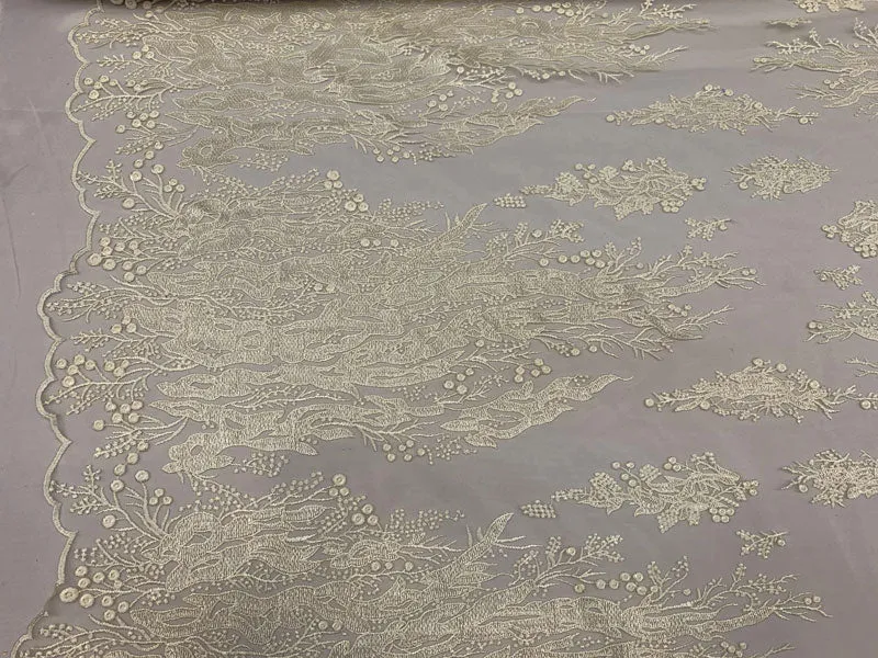 Fashion Dress Fire Design Floral Hand Beaded Mesh Lace Fabric By The Yard